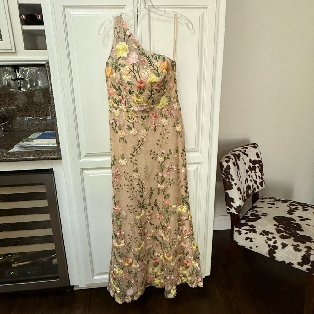 Beige One Shoulder Floral Embroidered Gown from Mac Duggal